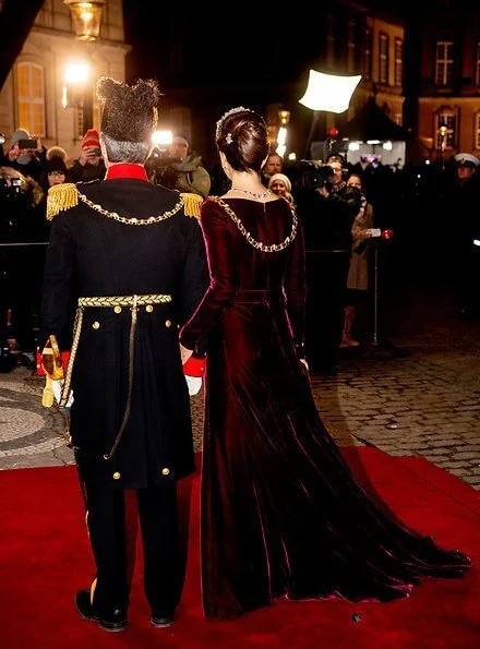 Crown Prince Frederik, Prince Joachim, Princess Marie and Princess Benedikte. Crown Princess Mary wore Birgit Hallstein gown