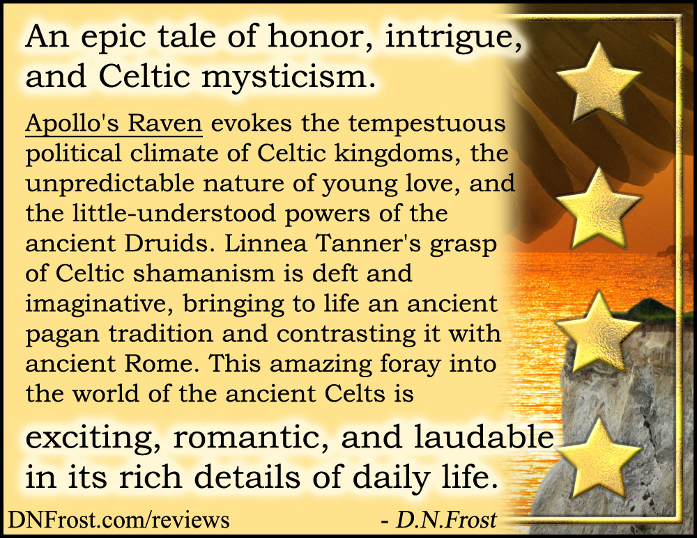 Review image from Apollo's Raven by Linnea Tanner: romantic tale of intrigue and Celtic mysticism http://www.dnfrost.com/2017/04/apollos-raven-by-linnea-tanner-book.html A book review by D.N.Frost @DNFrost13 Part 7 of a series.