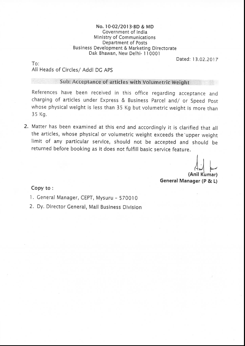 ALL INDIA POSTAL EMPLOYEES UNION GDS (NFPE) ACCEPTANCE OF ARTICLES