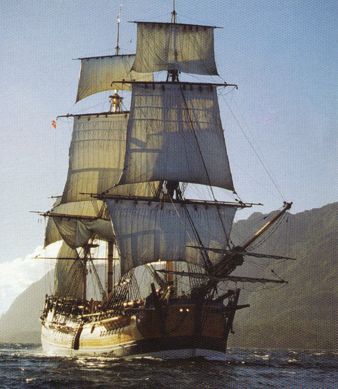 четырехмачтовый барк крузенштерн. корабль плывет. корабль, барк крузенштерн. летающий корабль. бригантина корабль парусный.