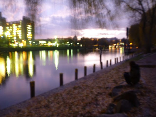 Ein Bild wie mit einer Lochkamera aufgenommen: Alles ist unscharf und die Farben sind verwaschen: Krankenhaus, Wasser, Licht, Herbstlaub ...