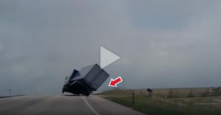 Truck almost loses balance because of strong winds