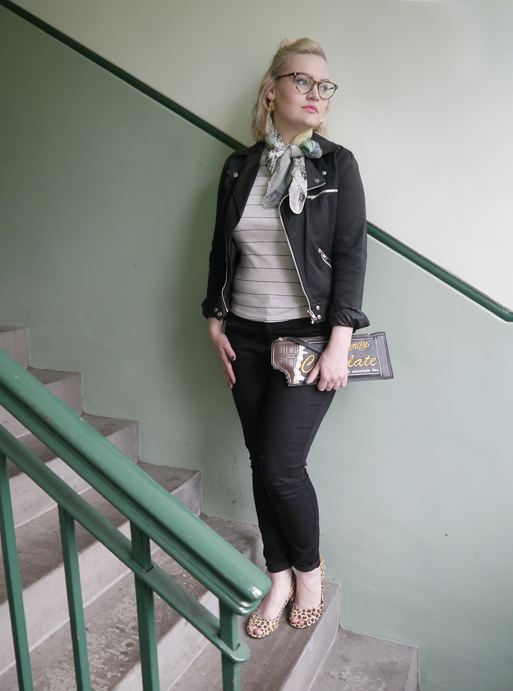 Fashion blogger Kimberley wears a dark pink lady themed outfit fashion blogger wearing insect trend, Sugar and Vice bee earrings from the insect collection, new look chocolate bar novelty clutch, willy wonka inspired fashion accessories, topshop leopard print peep toes heels, IOLLA muir glasses in tortoiseshell frames, Dead sleekit fly illustrated scarf, popular scottish fashion blogger, scottish blogging duo