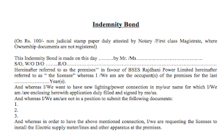 Idemnity Bond Format, BSES Rajdhani, Samples of Form, 
