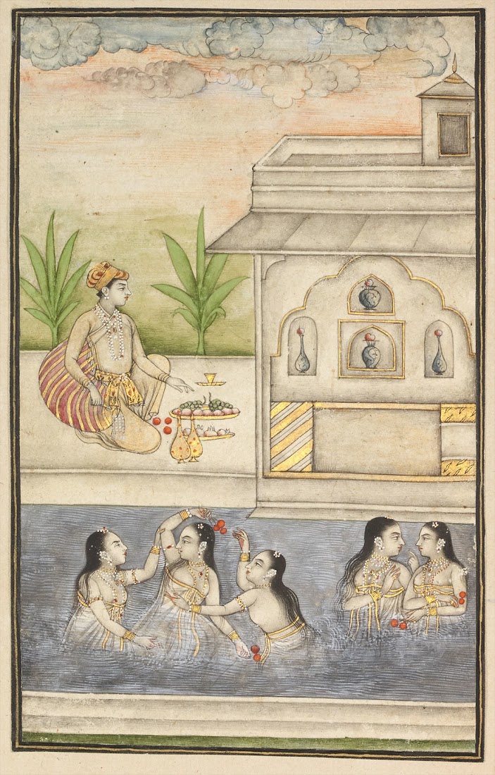 Ladies Playing in a Pool and a Prince Having Food and Watching - Miniature Painting, Deccan, 18th Century