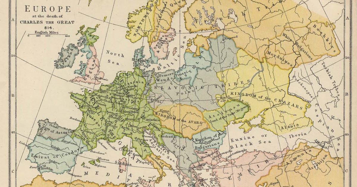 Historische kaarten Europa Kaart Europa tijdens Karel de Grote in 814 en Karolingische Rijk