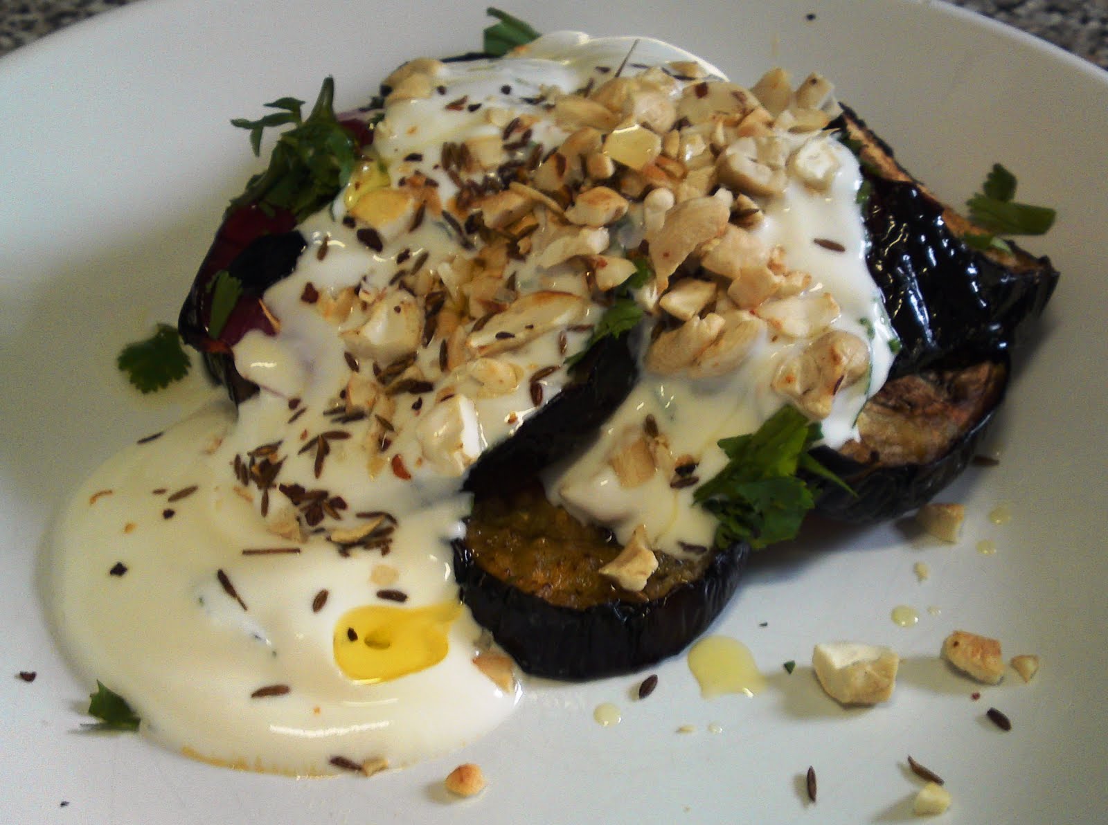Northern Food Grilled aubergine and peppers with spiced yoghurt