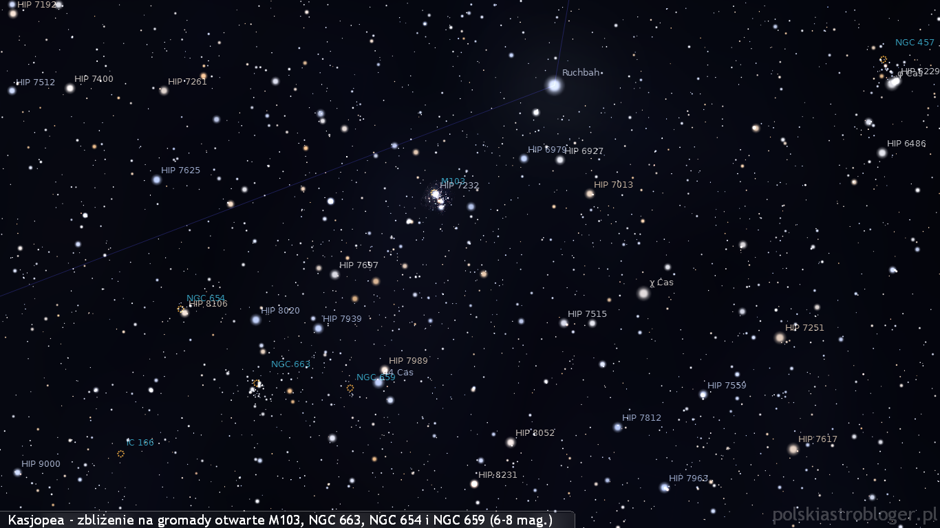 Kasjopea - zbliżenie na gromady otwarte M103, NGC 663, NGC 654 i NGC 659 (6-8 mag.)