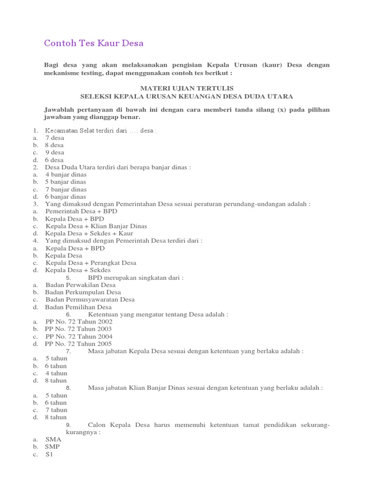 soal tes perangkat desa dan kunci jawaban wood scribd indo