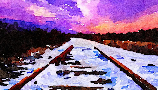Watercolor of train tracks leading into a pink sunset.