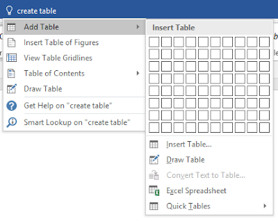 MS Word 2016 Tell Me What You Want To Do - Add Table