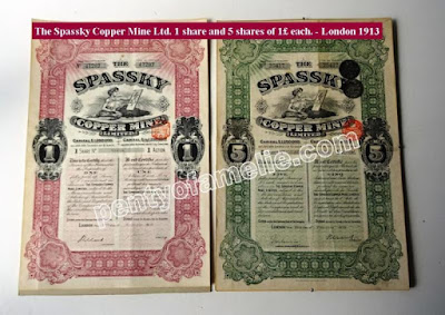 1913 The Spassky Copper Mine Ltd. 1 share and 5 shares of £1 each. London 1913 The Spassky Copper Mine Ltd. including 1 share and 5 shares of £1 each in nice condition