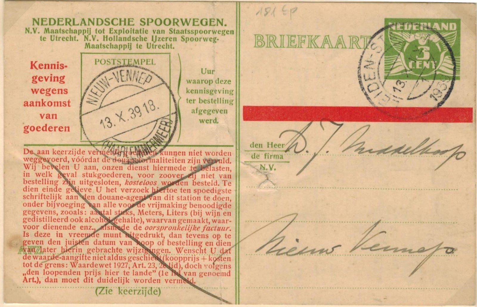 Netherlands Postal History Domestic Post Card Rates 1921 1946