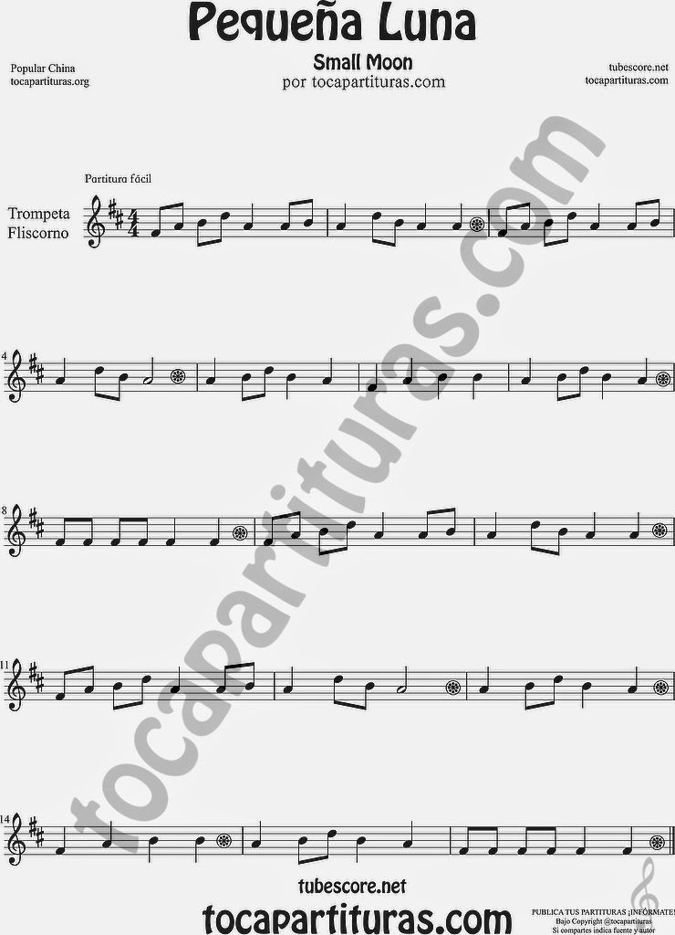  Pequeña Luna Partitura de Trompeta y Fliscorno Sheet Music for Trumpet and Flugelhorn Music Scores Popular China Small Moon 方便兒童歌曲樂譜小月亮流行民歌在中國的小號