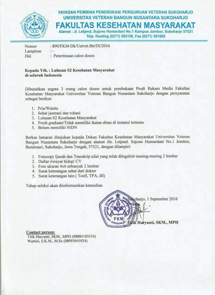 Lowongan Dosen Universitas Veteran Bangun Nusantara Sukoharjo 2016