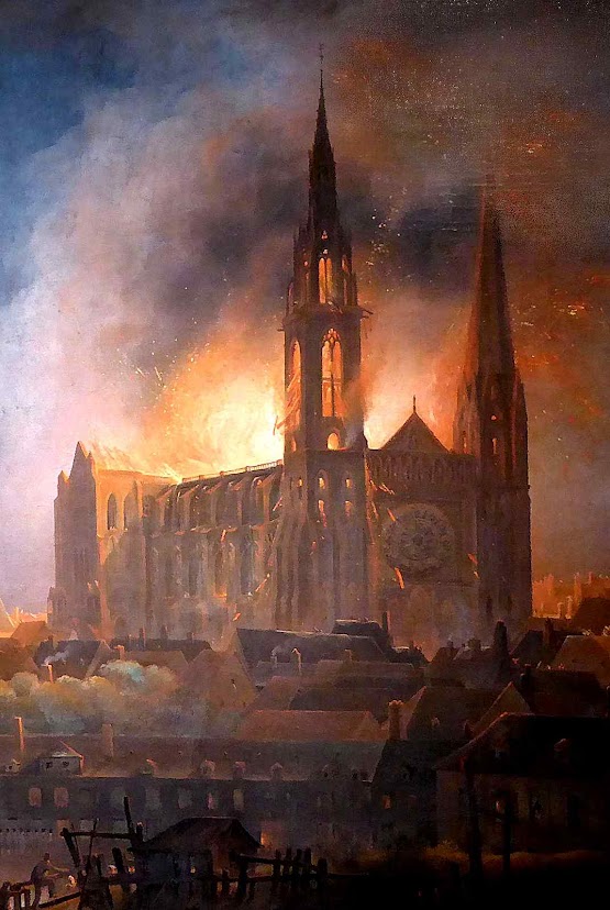 Incêndio da catedral de Chartres em 4 de junho de 1836.  François Alexandre Pernot (1793-1865). Musée des Beaux-Arts de Chartres.