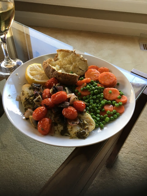 Our Healthy Eating Journey: tilapia with tomatoes, mushrooms and olives, baked potato, and carrots and peas tilapia with tomatoes, mushrooms and olives, baked potato, and carrots and peas