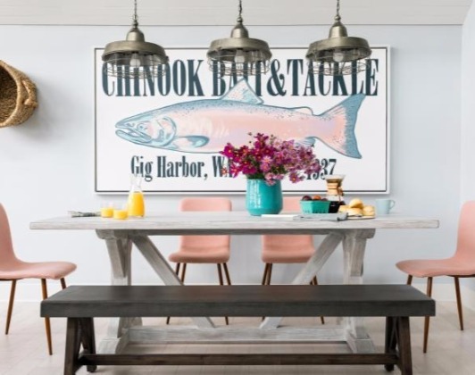 Large Nautical Bait and Tackle Art above Dining Table at HGTV Dream Home in Gig Harbor