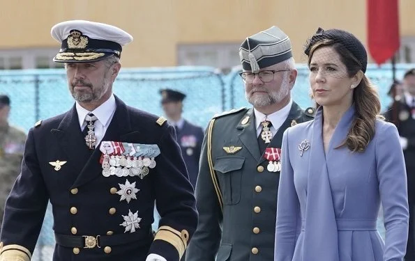 Denmark Flag Day 2020 at Citadel. Crown Princess Mary wore a light blue outfit. black pumps by gianvito rossi, diamond earrings