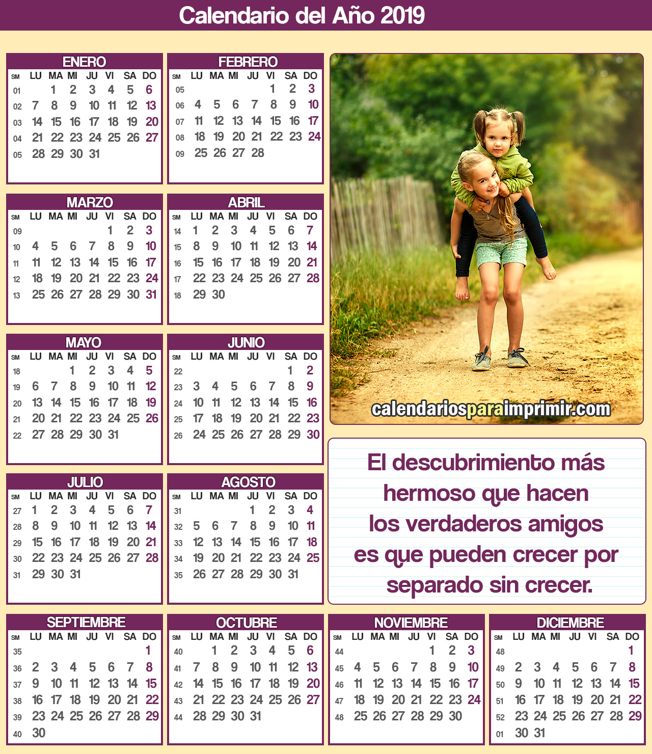 calendario para imprimr 2019 amistad calendario para imprimr 2019 amistad