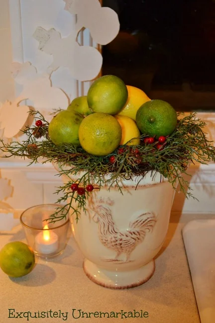 Lemon and Limes in Rooster Planter for Christmas Decor Tour