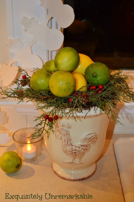 Lemon and Limes in Rooster Planter for Christmas Decor Tour