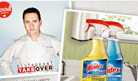 Win Dinner plus a windex clean up image shows Celeb chef and Windex