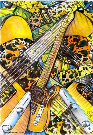 Mad Cat Guitar | Semi-Abstract Drawing by Artist Spencer J. Derry Prince Guitar