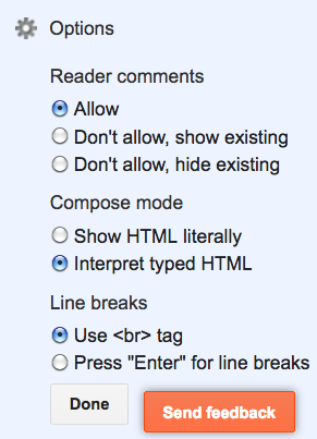 The Options panel and its Line breaks settings