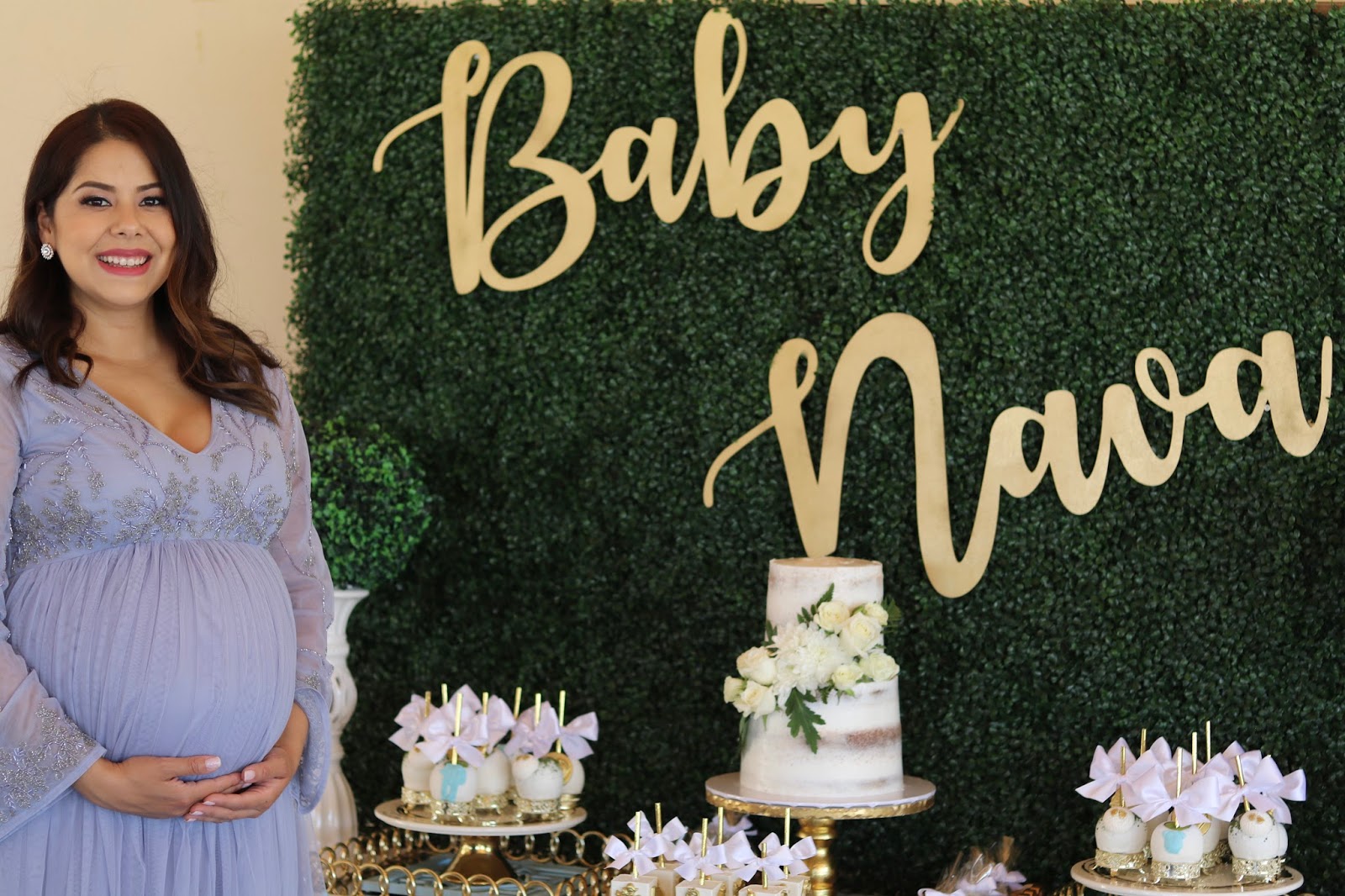 Chic Baby Shower San Diego lifestyle blogger, Baby Shower back drop idea, gold and greenery backdrop