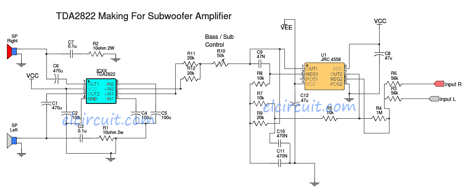 TDA2822 make for Subwoofer Power Amplifier - Electronic Circuit