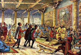 Los tres Polo presentando sus repetos al emperador Kublai Kan. Los tres Polo presentando sus repetos al emperador Kublai Kan.