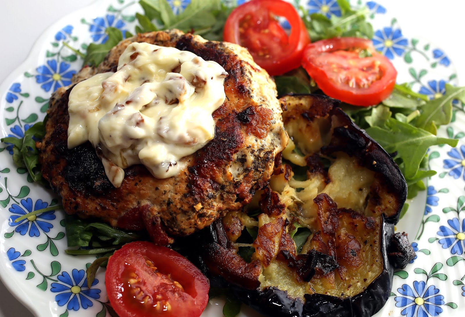 Bake It and Make It with Beth Whole 30 Chicken Burgers with Eggplant over Arugula