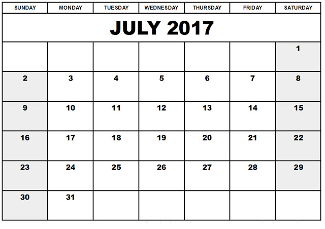 July 2017 printable calendar, July 2017 calendar printable