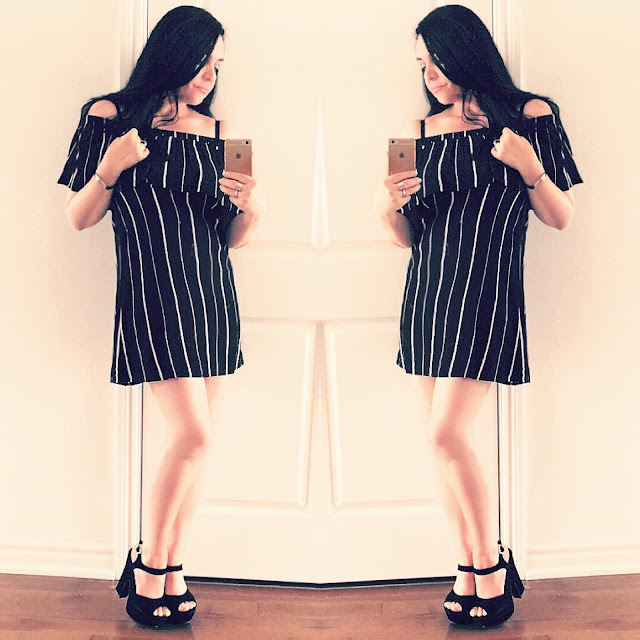 of shoulder dress, strped dress, black dress, black shoes, model