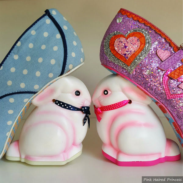 Irregular Choice bunny heel comparison side side view of bunny heels facing each other, old one paler than the new neon