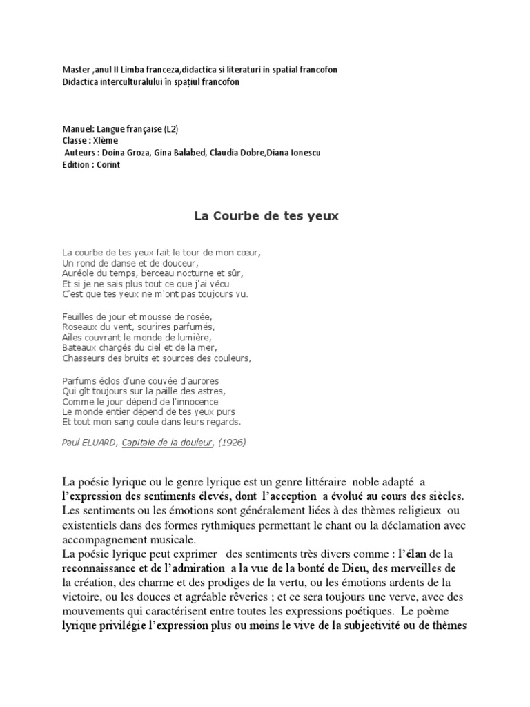 Chen Gai France ) paul eluard la courbe de tes yeux Chen Gai France ) paul eluard la courbe de tes yeux