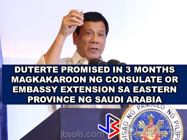 President Duterte's visit to Saudi Arabia has brought  a brand new hope for the OFWs working at the  Eastern Province. For a very long time, the burden of travelling a long way just to reach the embassy in Riyadh will finally come to an end. President rodrigo Duterte has promised to give them a Consulate or Phil Embassy Extension Office in three months. An OFW will have to travel 400 kilometers from Al Khobar to Riyadh to reach the embassy which cost them time and money. If they could have their own consulate as promised by the president, it will make the lives of OFWs in the Eastern Region easier. The president's concern about the OFWs has always been a highlight as he speak in front of the Filipino communities abroad. The President reiterated that he will make everything easy for the OFWs. A separate Department for the OFWs and Seafarers are on the way, even the pRC Licensure examination will be brought within their reach through DOLE Secretary Silvestre Bello III. Recommended: WATCH THE FULL REPLAY : PRESIDENT DUTERTE IN SAUDI ARABIA