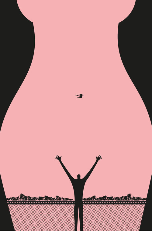 Ilustración erótica Noma Bar Hombre mirando al horizonte desnudo frontal de mujer