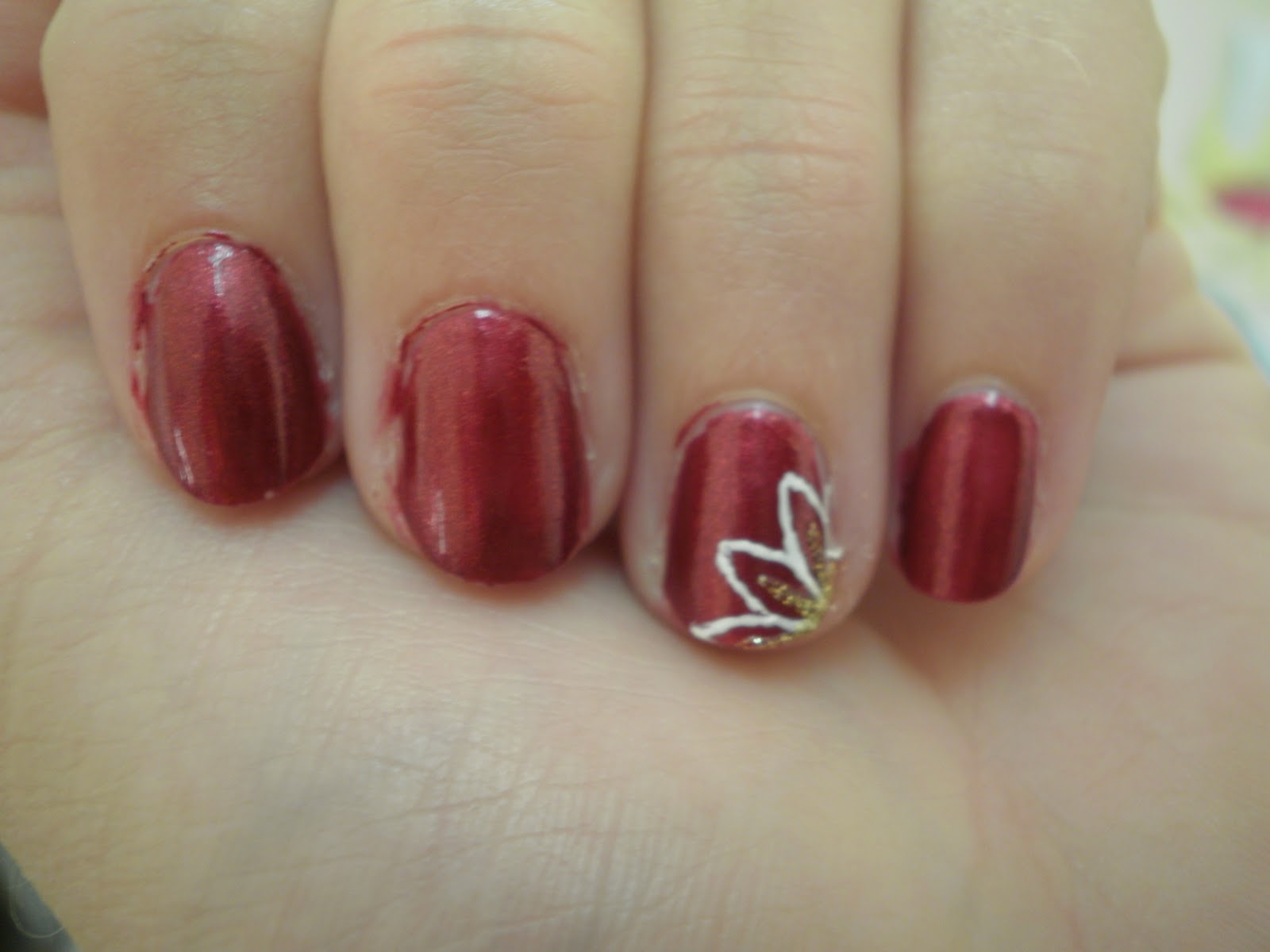 Crazy About Nails Winered nails with simple white flower