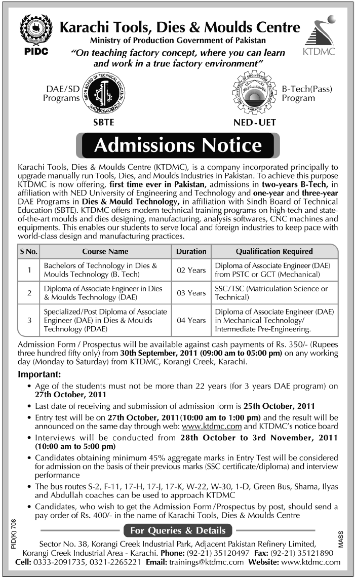 Admission in Pakistan Karachi ToolsDies and Moulds Centre Admission