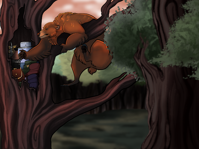 A bear dangling in a tree while digging into a stash of fancy and expensive things