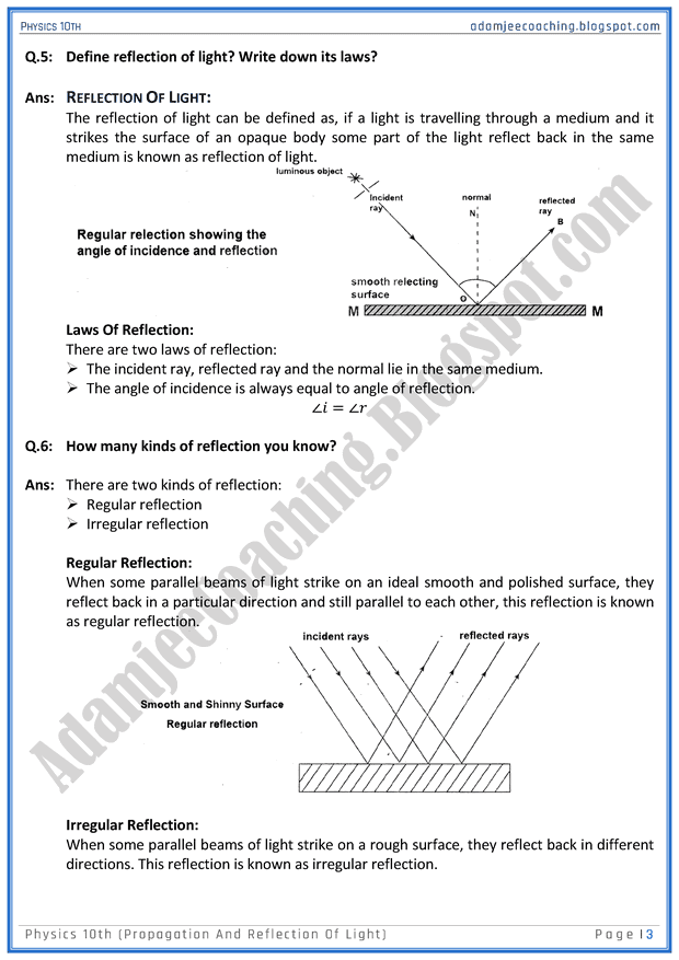 Adamjee Coaching Propagation and Reflection of Light Question