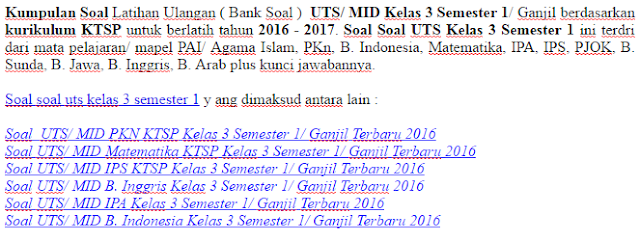 Kumpulan Soal Latihan Ulangan ( Bank Soal )  UTS/ MID Kelas 3 Semester 1/ Ganjil 