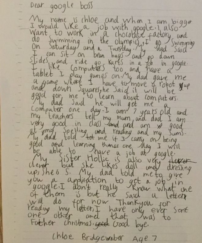 Chloe Bridgewater 7-year-old Girl written letter to Google For Job,CEO Sundar Pichai Replied