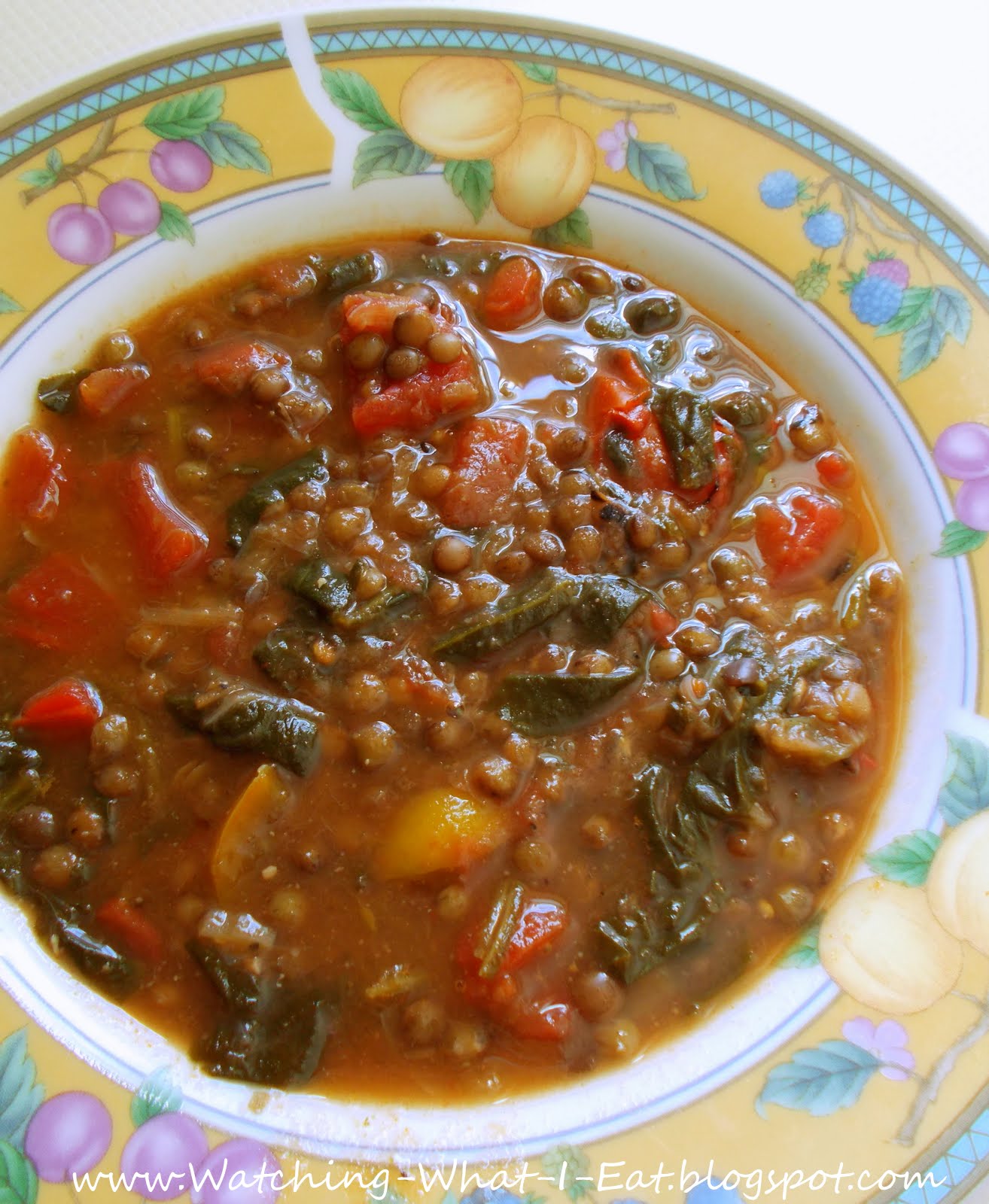 Watching What I Eat Lentil Soup with Spinach & Fire Roasted Tomatoes a wonderful lowfat soup