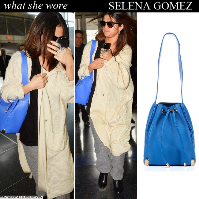 WHAT SHE WORE: Selena Gomez with blue drawstring bucket shoulder bag at ...