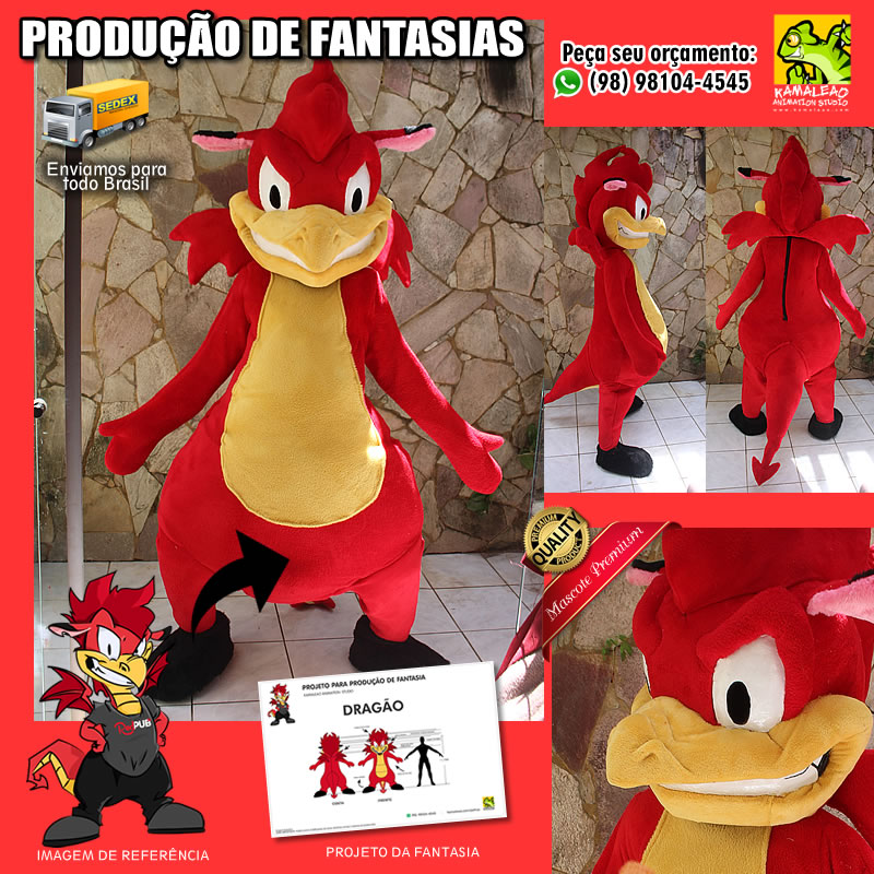 Mascote -  Fantasia de Dragão Vermelho com Asas