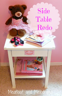 DIY pink and white laminate side table painted with chalk paint in a pink girl's room