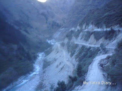 Damaged and dangerous rock strewn road conditions in the Garhwal Himalayas during the Char Dham Yatra